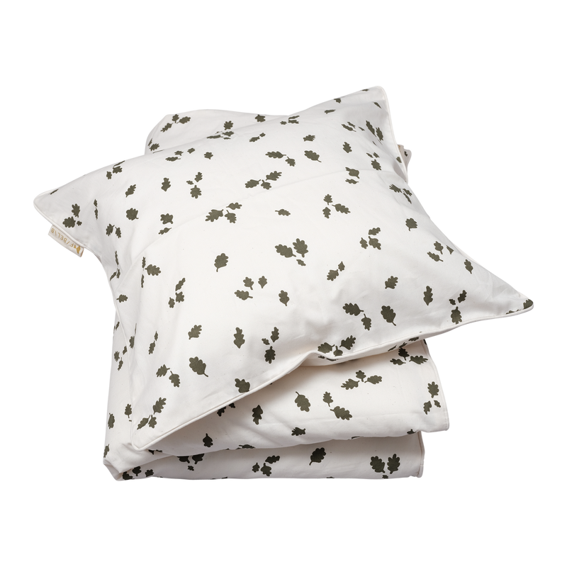 Kids organic cotton bedding, olive green leaves on natural white background